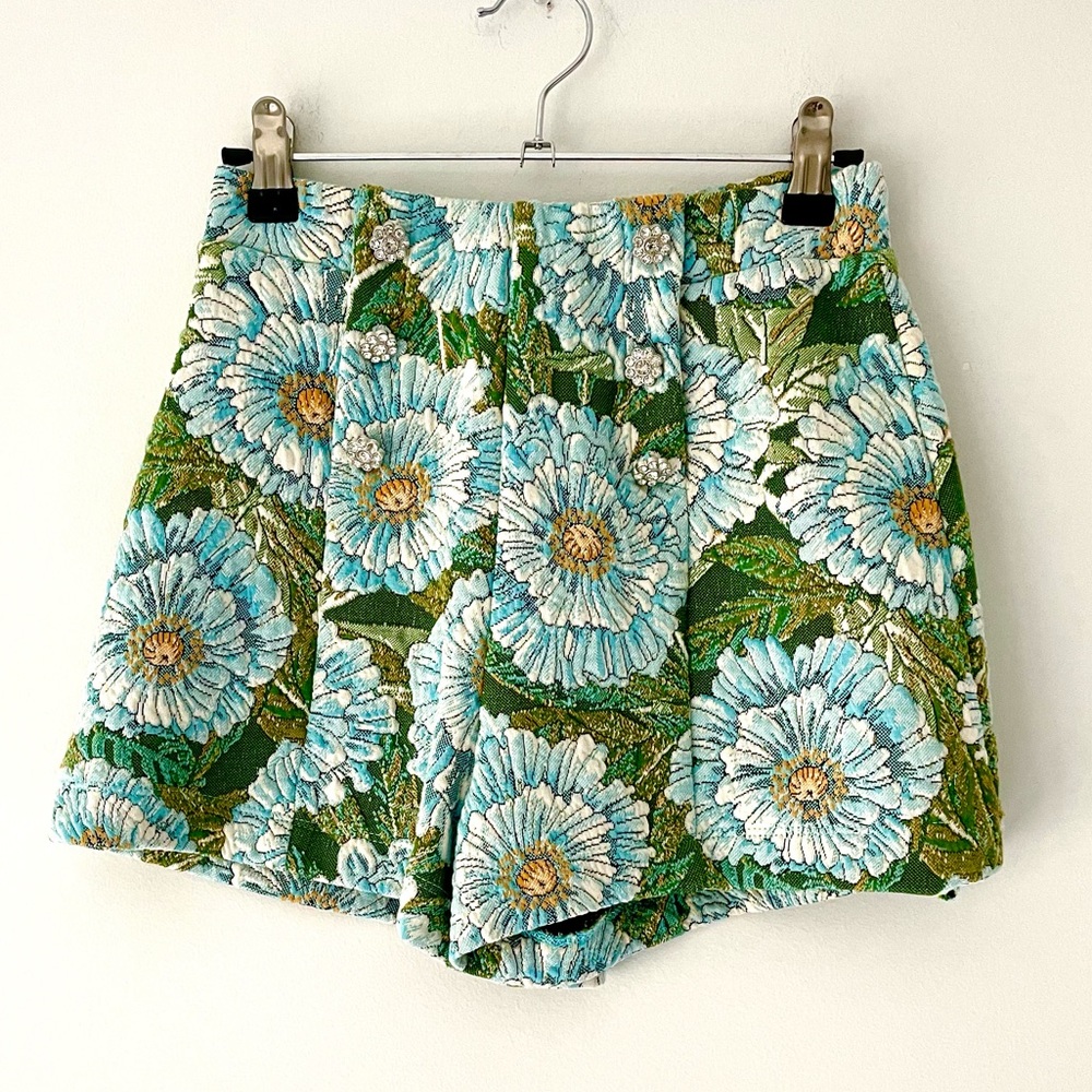 Zara Floral High Waist Shorts - Green and Blue